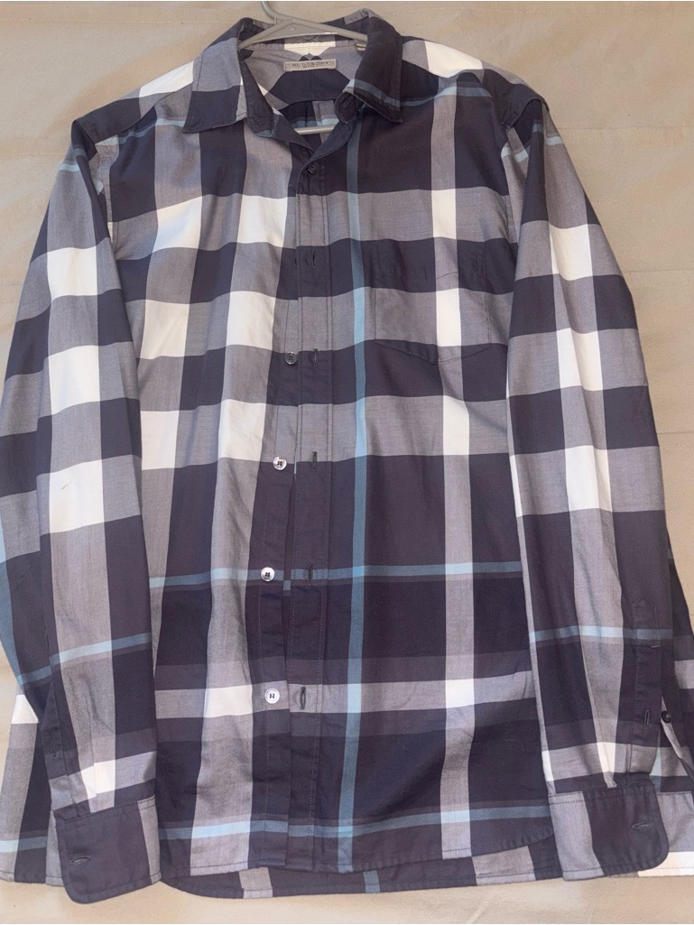 Plaid Button-Up Shirt In Black, White & Gray With Light Blue Accents